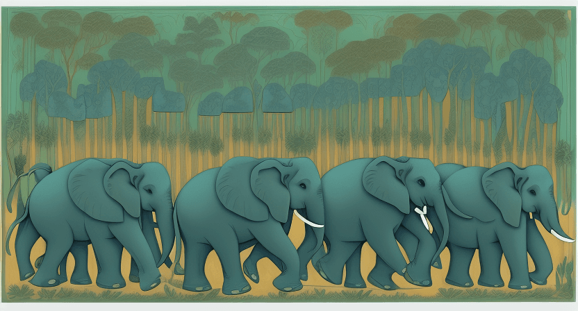 AI generated: Rectangular painting depicting seven elephants with trunks raised upwards, walking in a row through ...