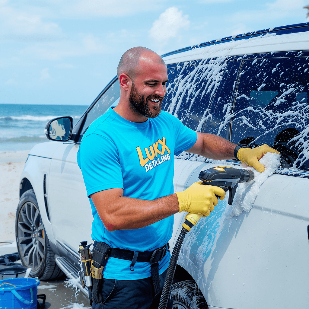 AI generated: 28 year old Serbian man, bald with short beard, in agua blue t-shirt, with "Lukx Detailing" gold let...