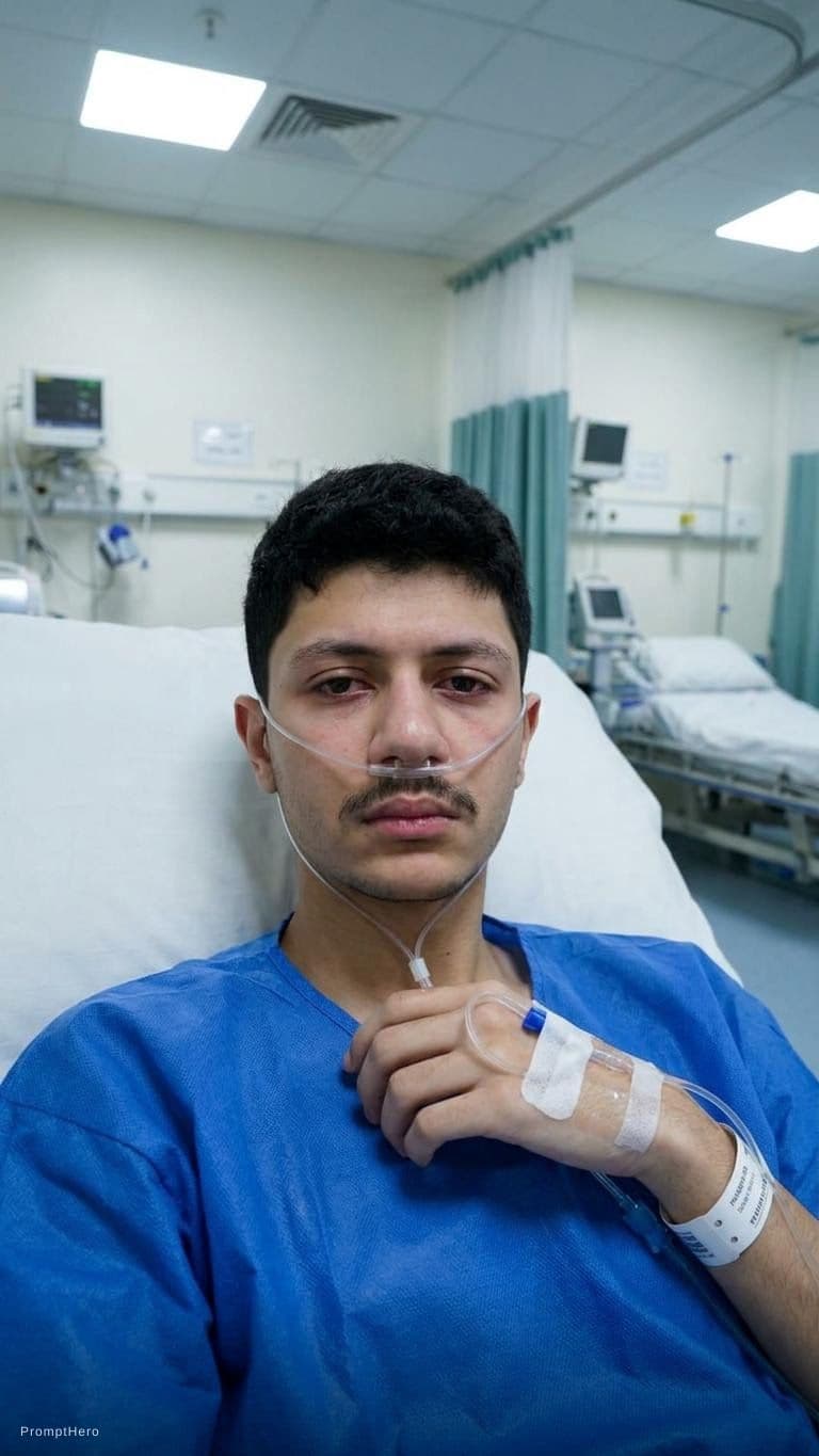 AI generated: 1man, sick, laying on bed, Looking at viewer, hospital background
