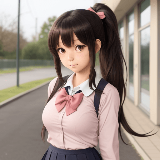 AI generated: Shy anime girl, blush, school uniform, school background, ponytail, big bow, facing camera