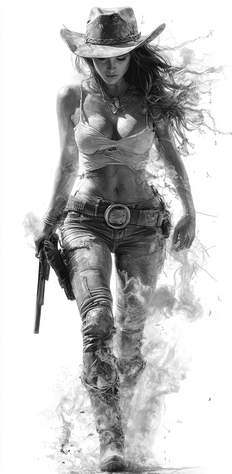 AI generated: A digital drawing of an urban cowgirl, full body, walking on the street, wearing cowboy boots and ha...
