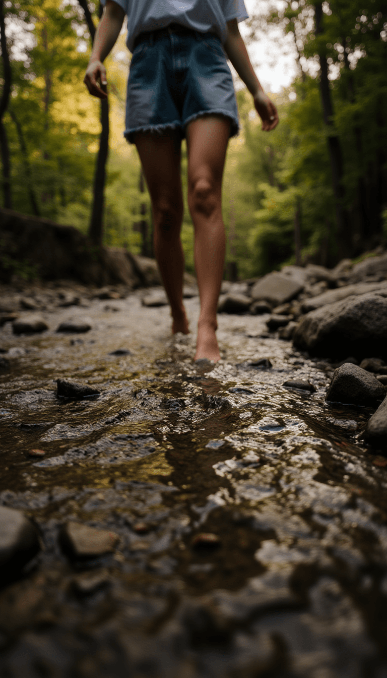 AI generated: close up of a woman's bare feet walking through a rocky stream in a dense forest, sun shining throug...