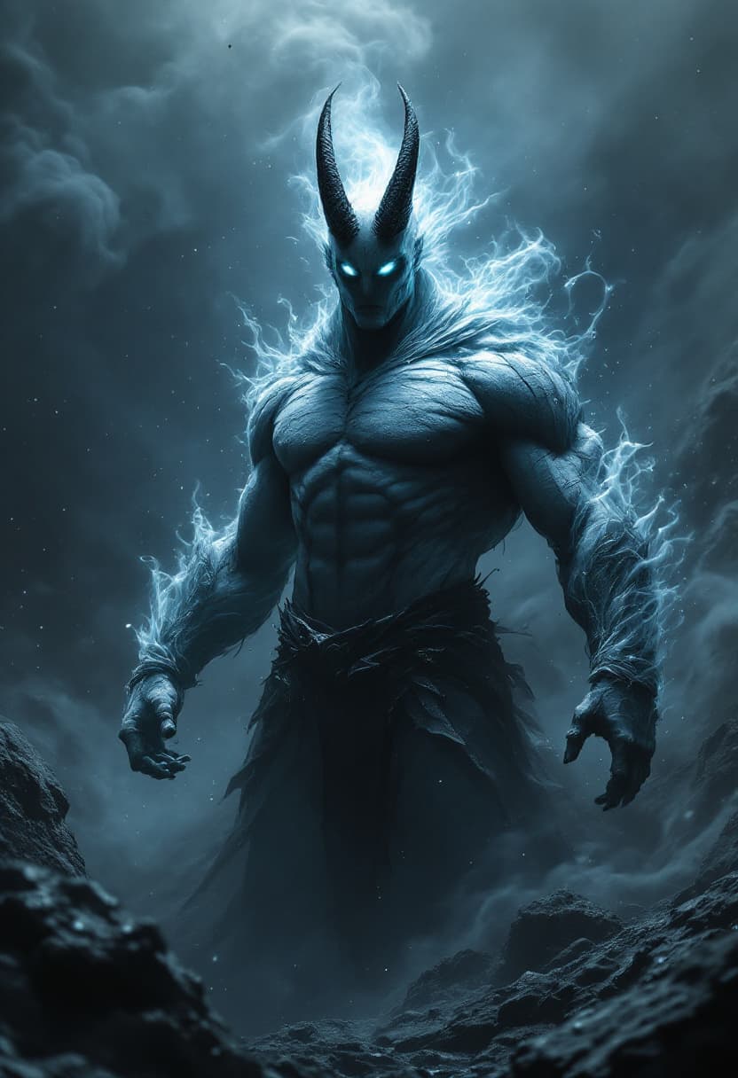 AI generated: God of Ash, full-body, Etherial, muscular, No mouth or hair, Glowing black eyes, epic, cinematic, 8k...