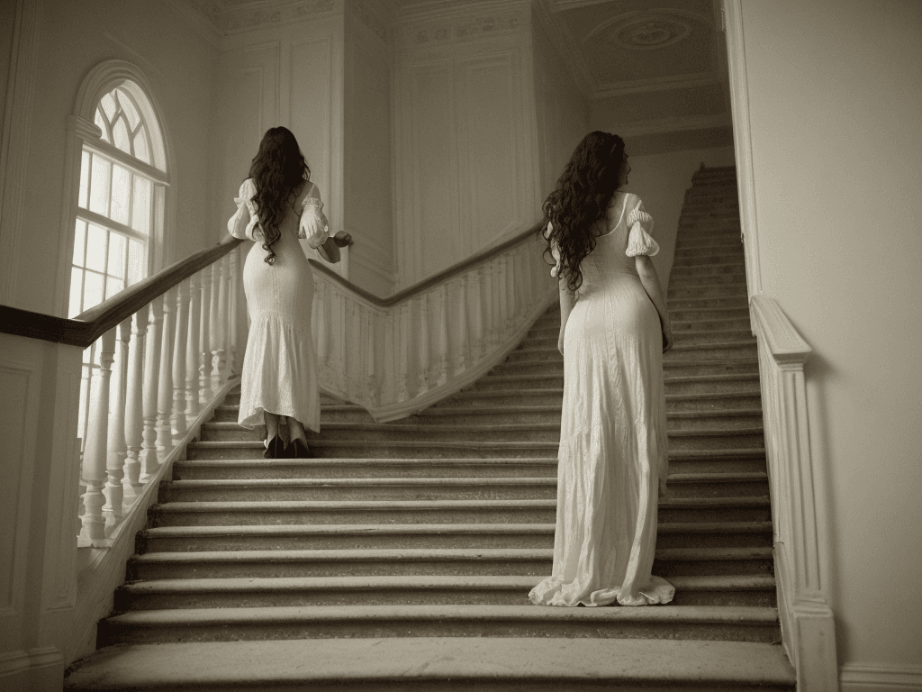 AI generated: a woman in a long, white, Victorian-style dress, standing on a staircase that leads to a dark and my...