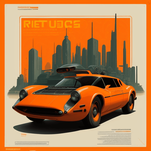 AI generated: highly detailed infographic poster of orange retrofuturism car on mint background found in popular m...