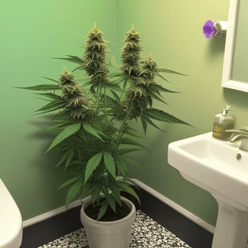AI generated: a colorfoul flower of marijuana in a little bathroom with a lot of plants of marijuana