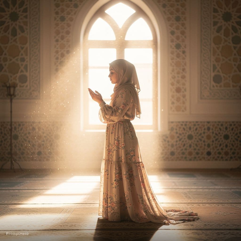 AI generated: Hijab women with flowery cloths standing for praying inside a religious space full of light around
