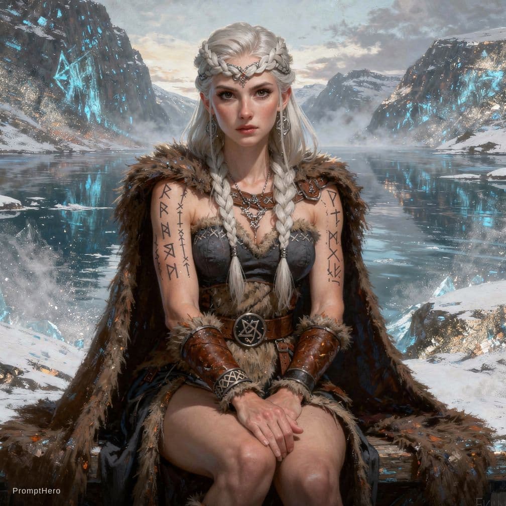 AI generated: A striking Norse seeress stands in a snowy fjord, her long platinum hair braided into intricate Nors...