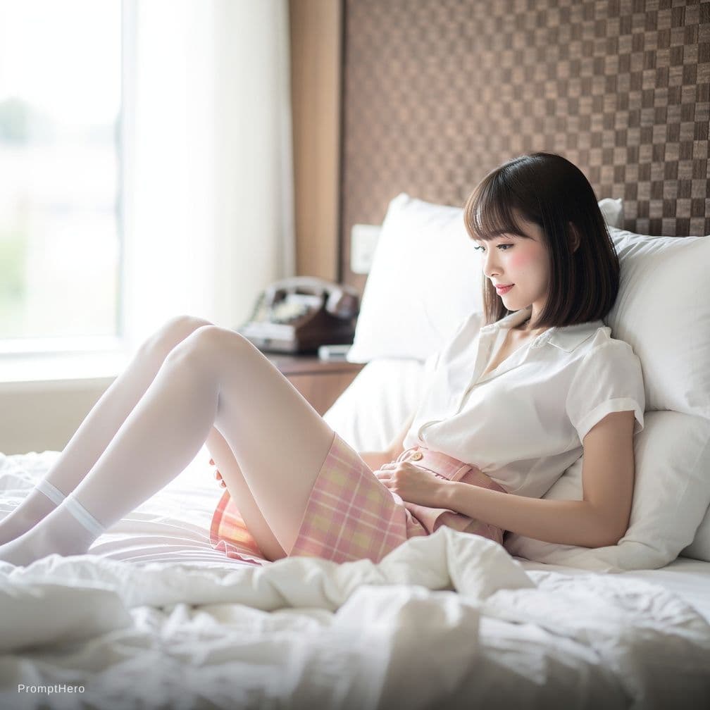 AI generated: a photorealistic, soft-focus indoor boudoir/gravure-style portrait of a petite, beautiful young Asia...