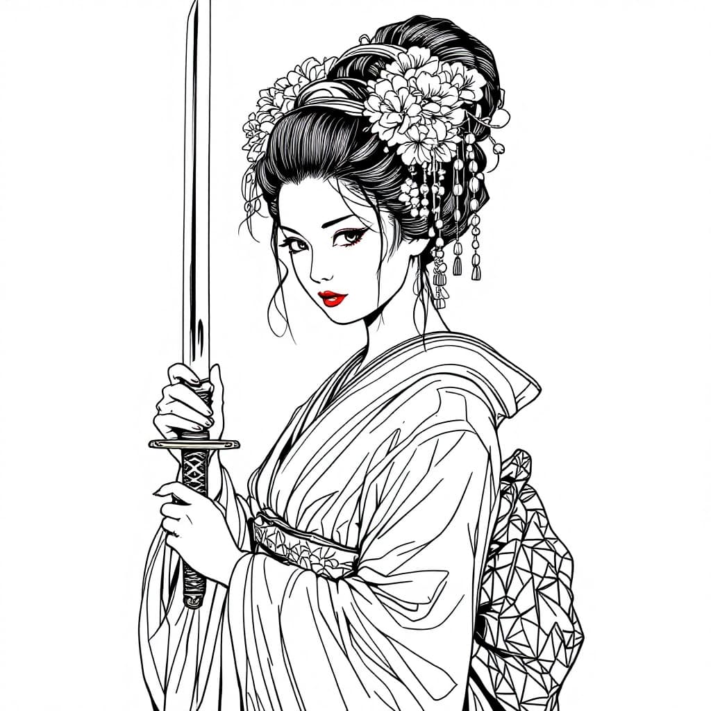 AI generated: beautiful geisha holding a sword, in the style of a traditional Japanese artist, thick consistent li...