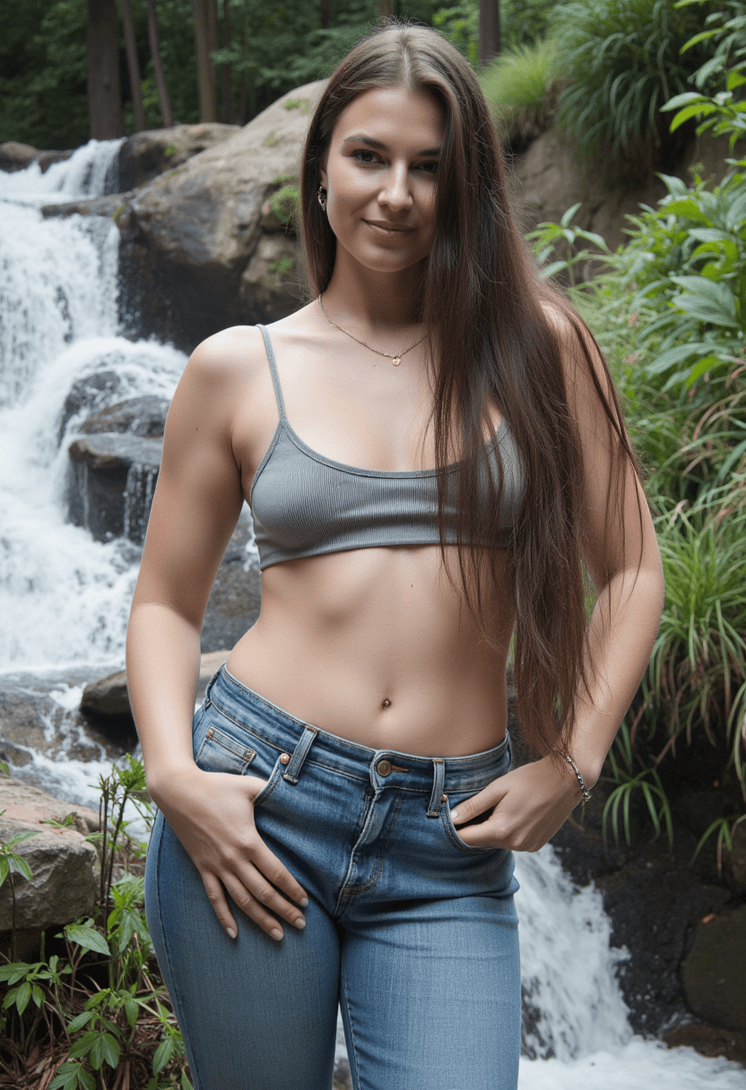 AI generated: A woman stands confidently in front of a waterfall, her long brunette hair cascading down her should...