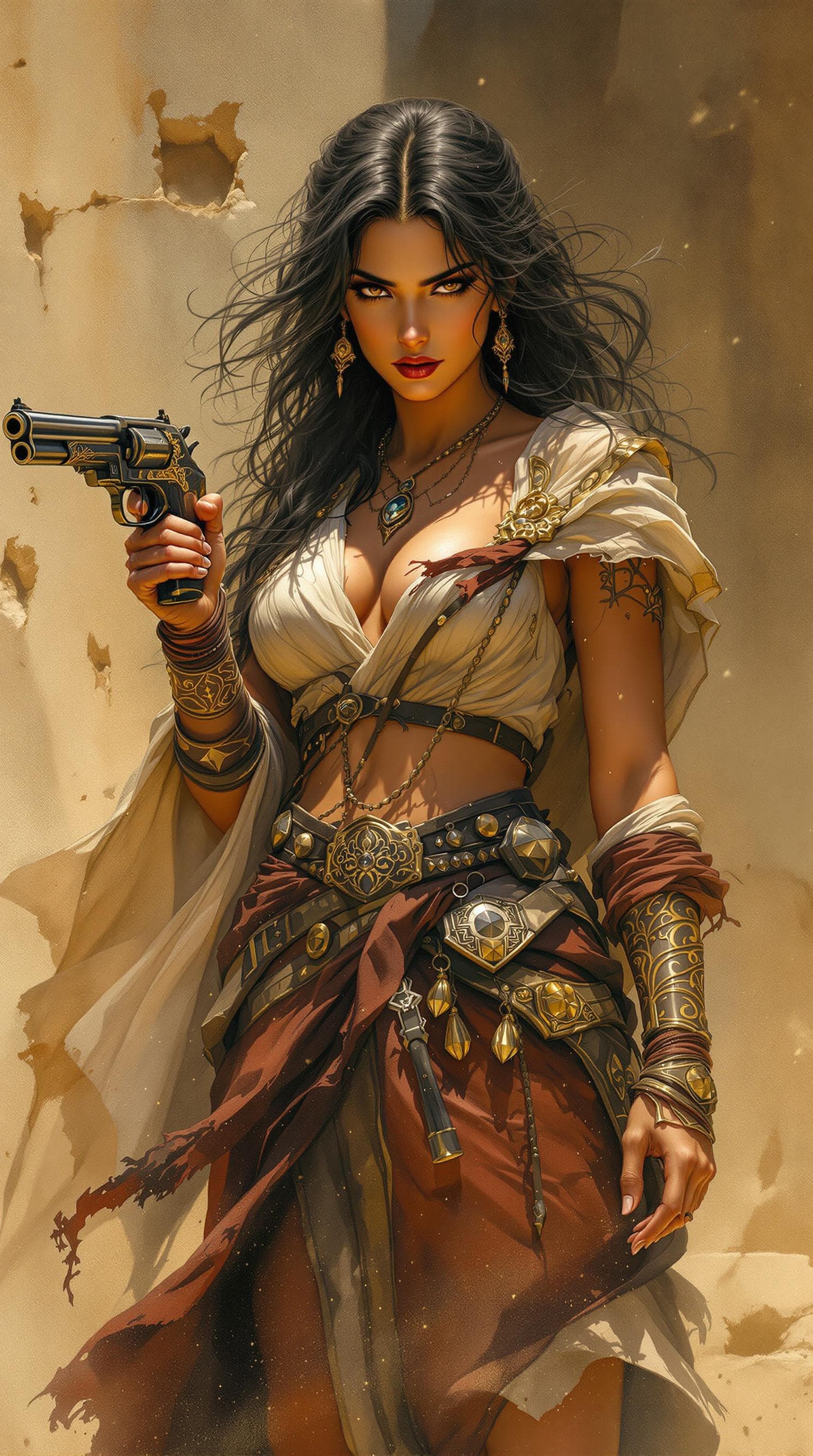 AI generated: A powerful Middle Eastern woman with golden-hued skin, wrapped in tattered yet elegant battle garb, ...