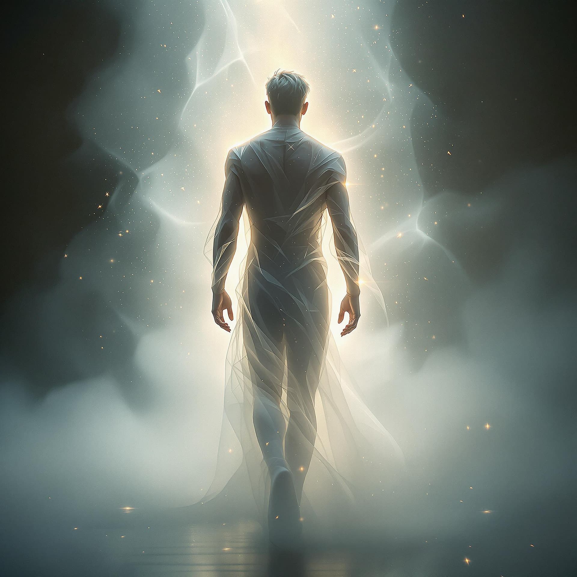 AI generated: A fine art, hyper-realistic, cinematic image of a man with his back to me walking forward into a bri...