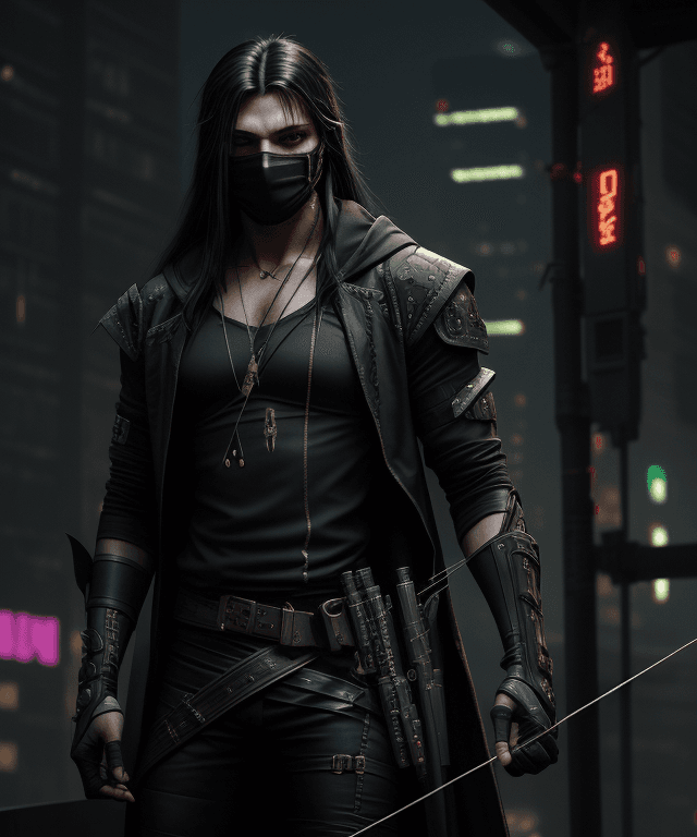 AI generated: Cyberpunk, robin hood, metal bow, stylish, masked, dark clothes, black long hair, male, kapiszon