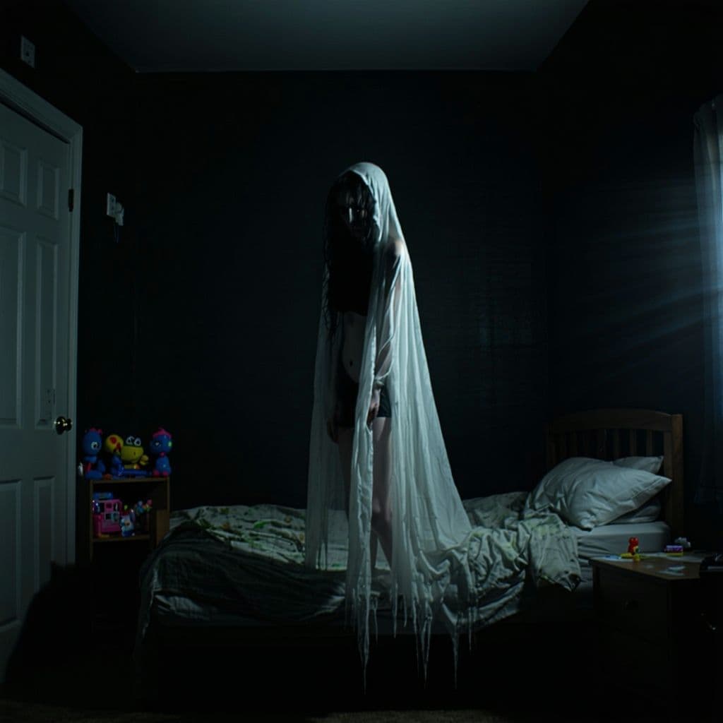 AI generated: Photo of a possesed girl, she is floating in the middle of her bedroom, dark scene, it's dark in her...