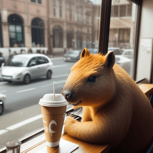 AI generated: Capybara in a cafe sipping on some coffee staring out the window