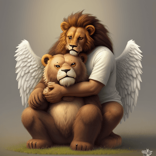 AI generated: Cute and adorable cartoon lion with angel wings, hugging a grizzly bear, fantasy, dreamlike, surreal...