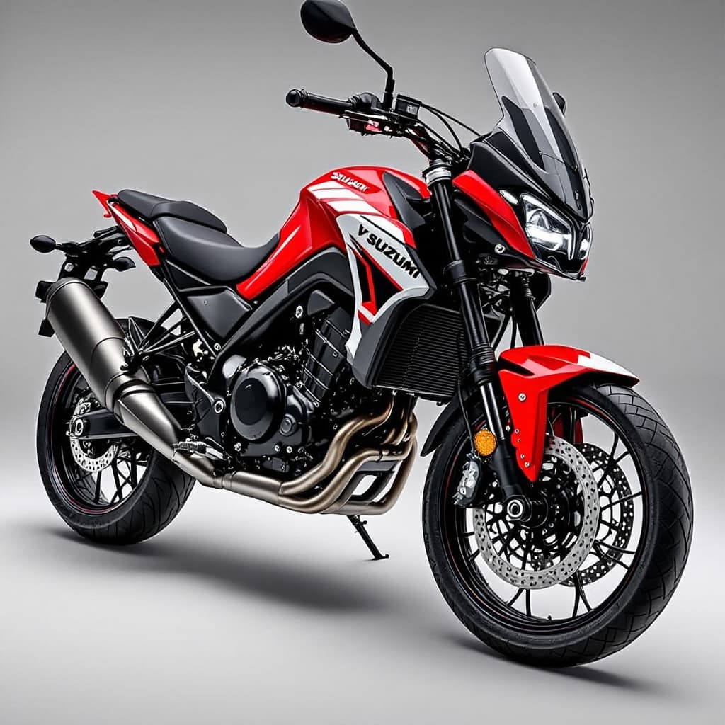 AI generated: Genera una Suzuki v Strom 1050DE anno 2023, con colori rosso bianco e nero 