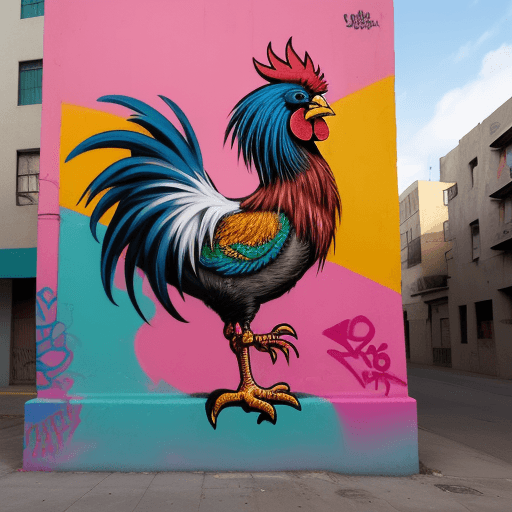 AI generated: Graffiti rooster, street art that says "La Chacrita", urban graffiti --v 6.0
