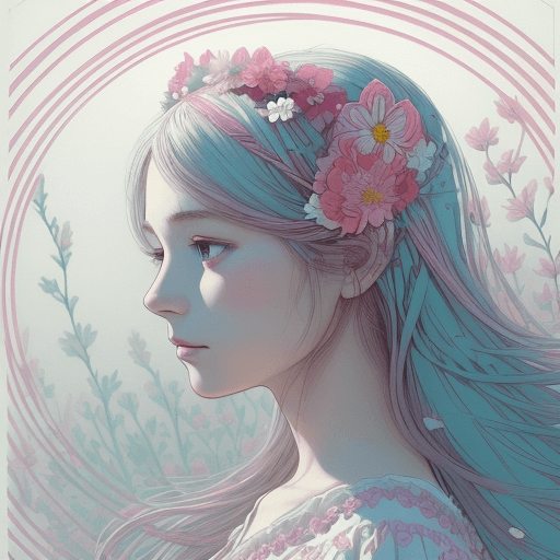AI generated: positive photograph,a woman with flowers in her hair,  front view, dark white and light magenta, hig...