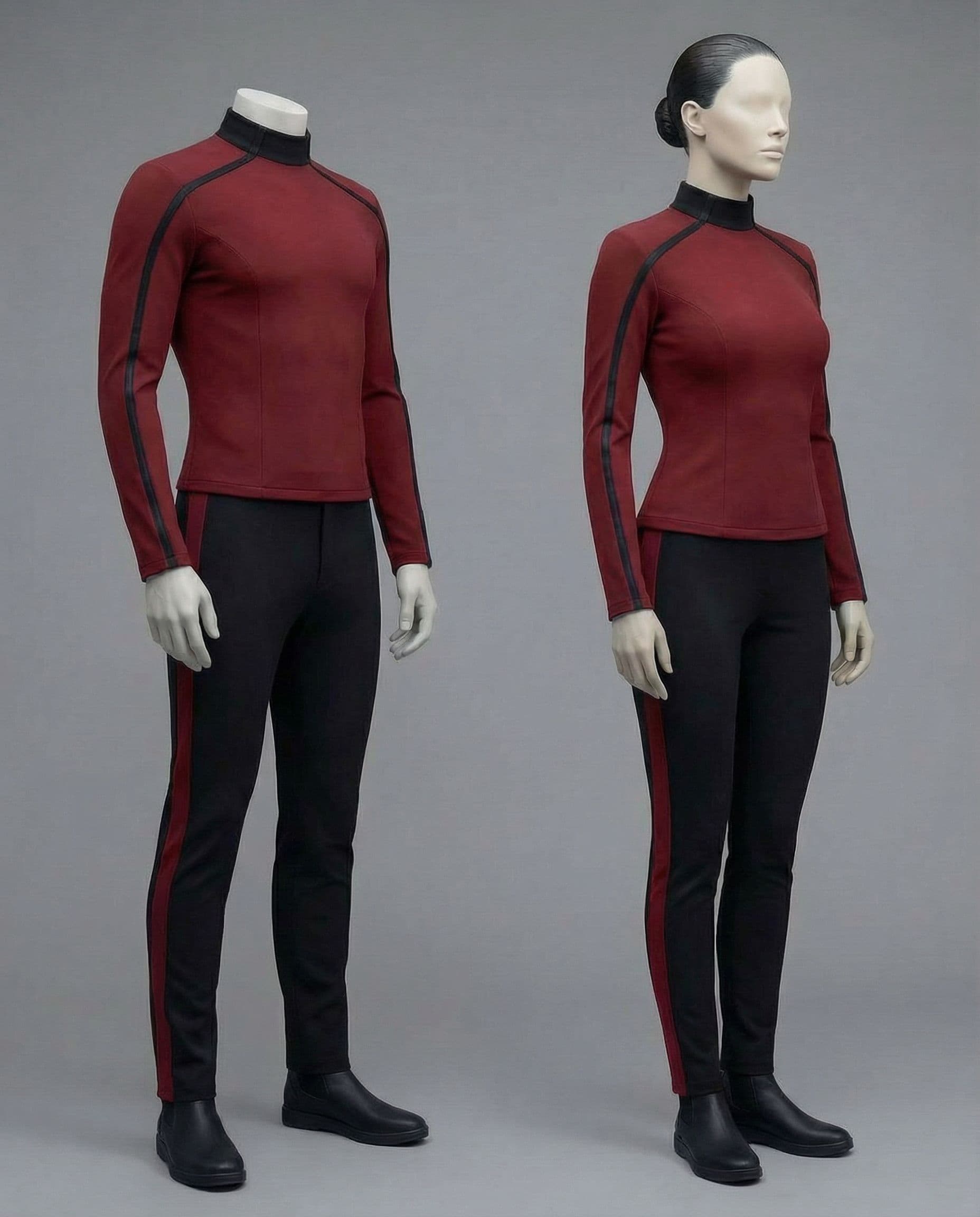 AI generated: Create a Sci-Fi uniform. Use the reference image and turn all blue to red. The color of the uniform ...