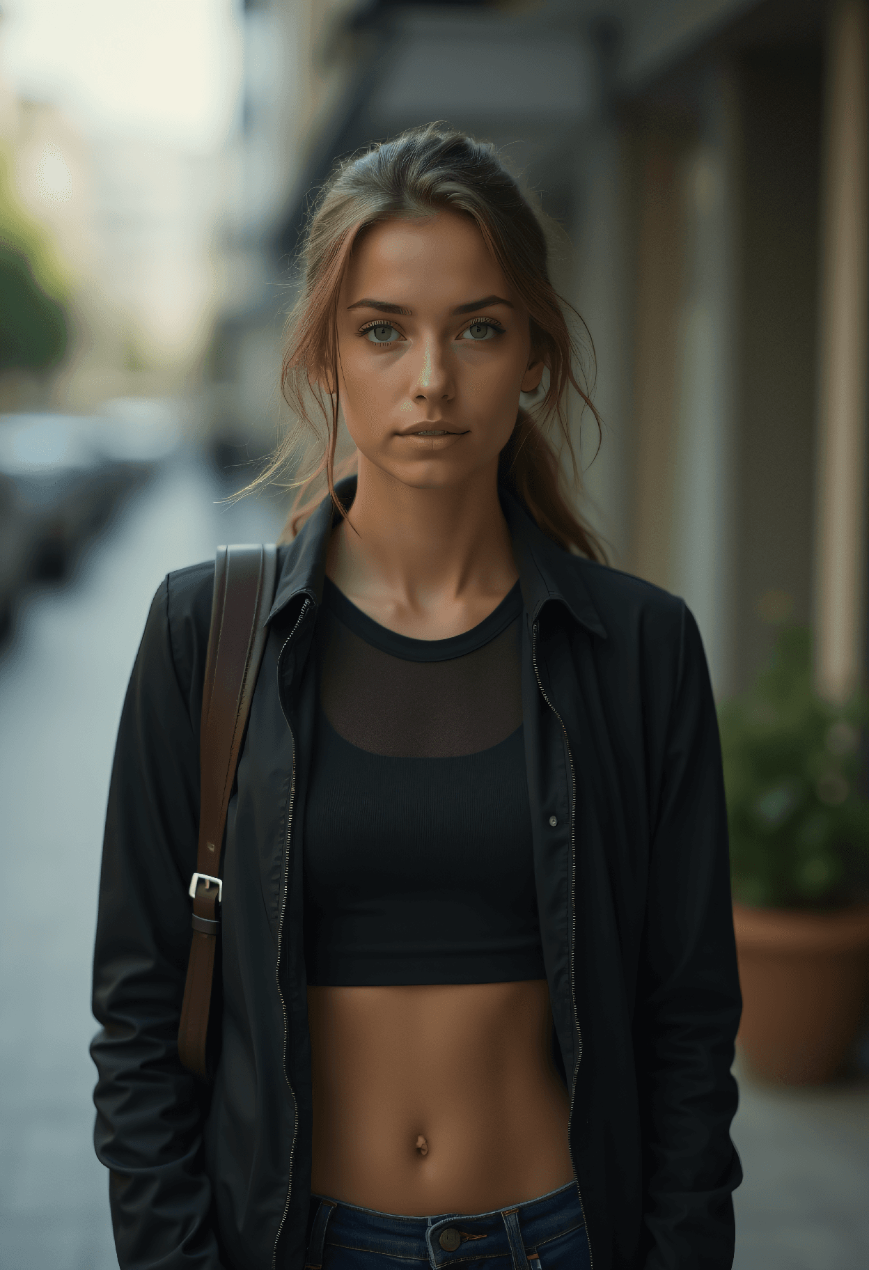 AI generated: Athletic female courier, 25, with visible stomach muscles delivering information physically in dysto...