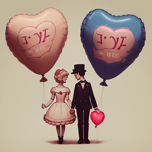 AI generated: a poster depicts a cute boy and girl holding hands together and a heart shaped balloon, in the style...