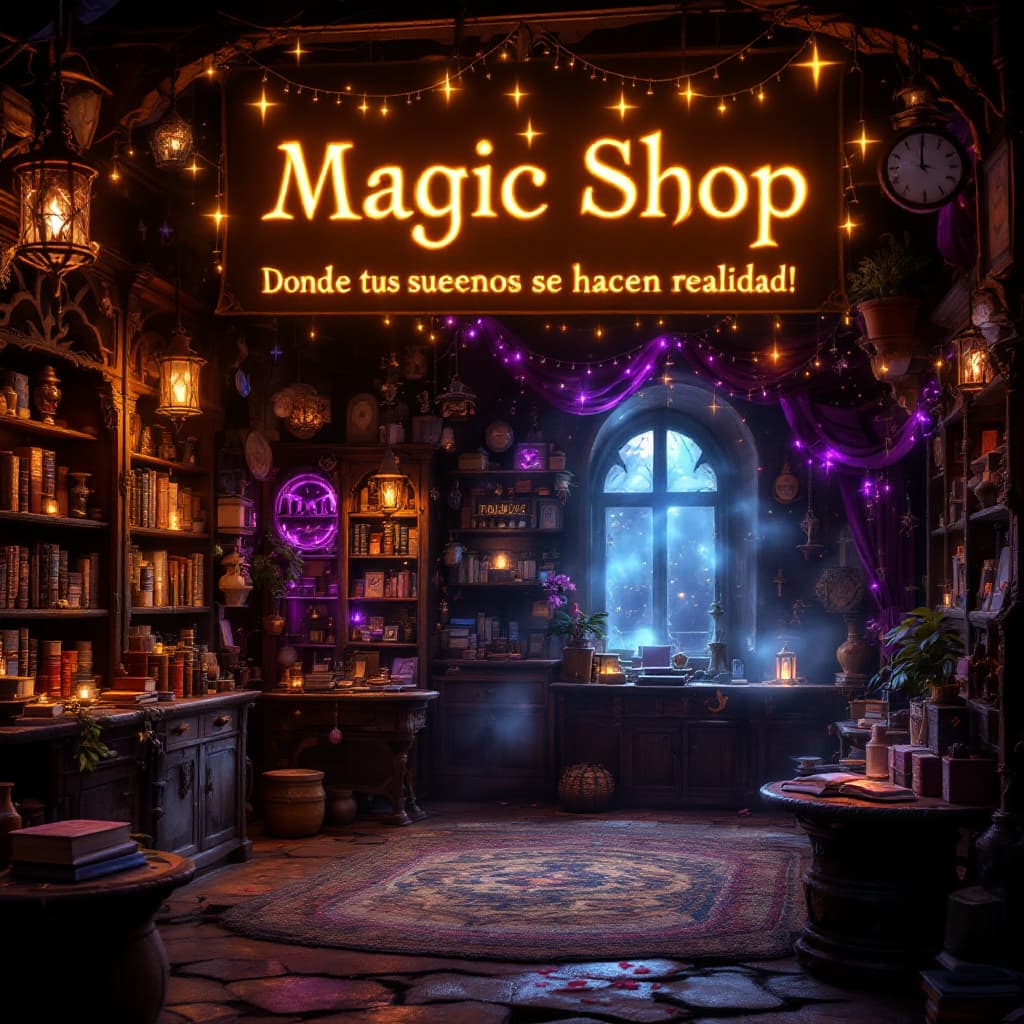 AI generated: "Una vibrante publicidad digital para 'Magic Shop'. El fondo muestra una tienda mística y encantador...