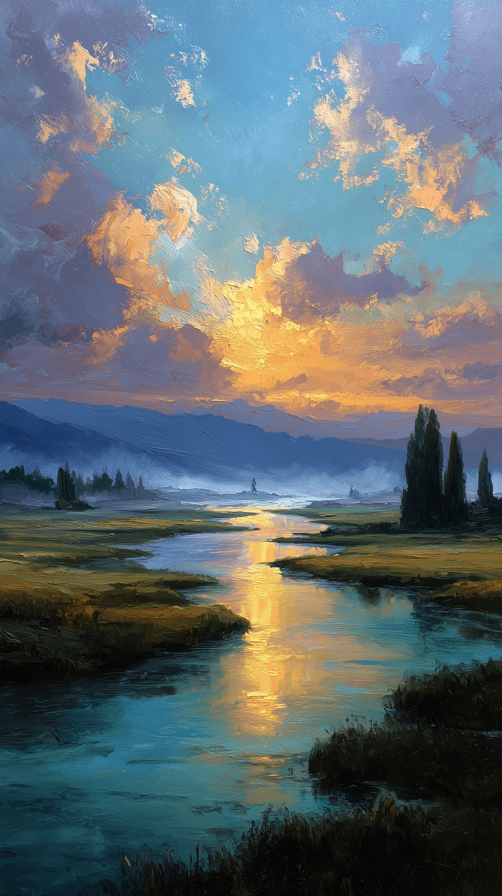 AI generated: oil painting, dreamy landscape with mist and golden hour, dramatical lights expression, impressionis...