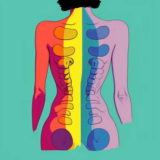 AI generated: a human ungendered body in which the spinal column is highlighted, in a pop art style, in bright col...