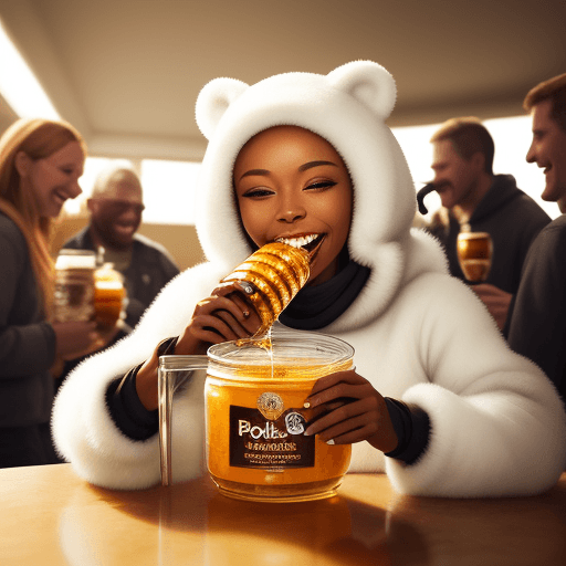 AI generated: Photo realistic HDR Polar eating honey surrounded by smiling people
