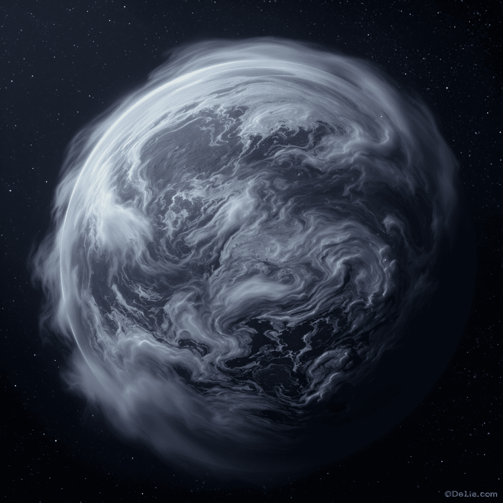 AI generated: a grey, White and black planet that has storms swirling and covering its entire surface floating in ...