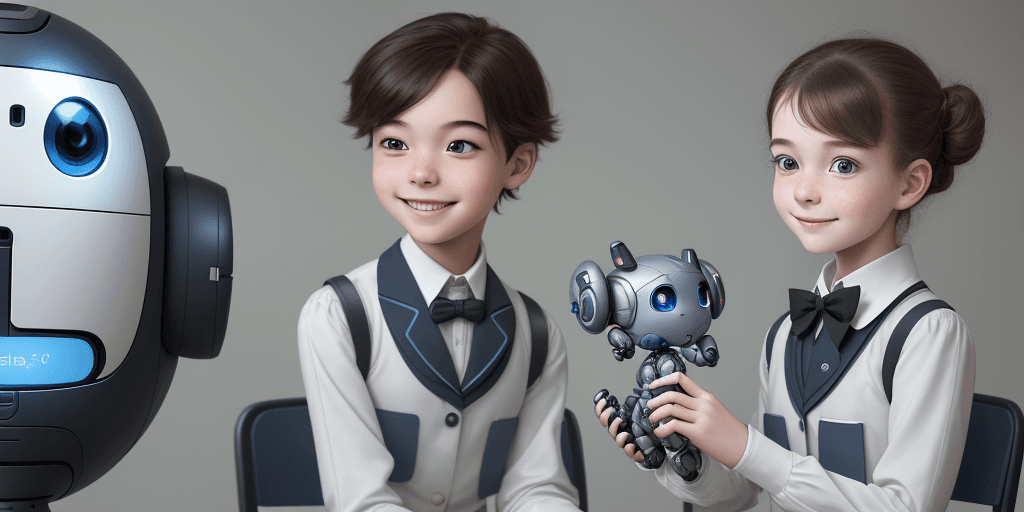 AI generated: two human boy and girl students, detail face, smile, wearing school uniforms, learning with a small ...