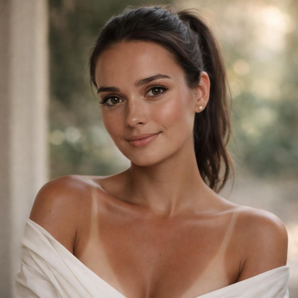 AI generated: A portrait of a young, slim waste woman with grey/brown eyes, dark hair, very natural makeup, and is...