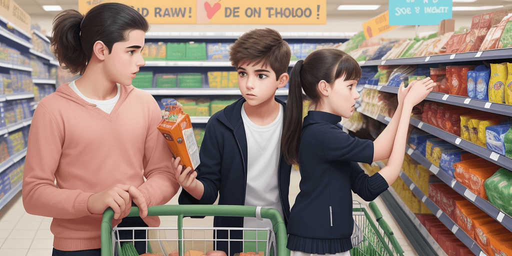 AI generated: Create a graphic that shows a male and female grade school student talking at the grocery store