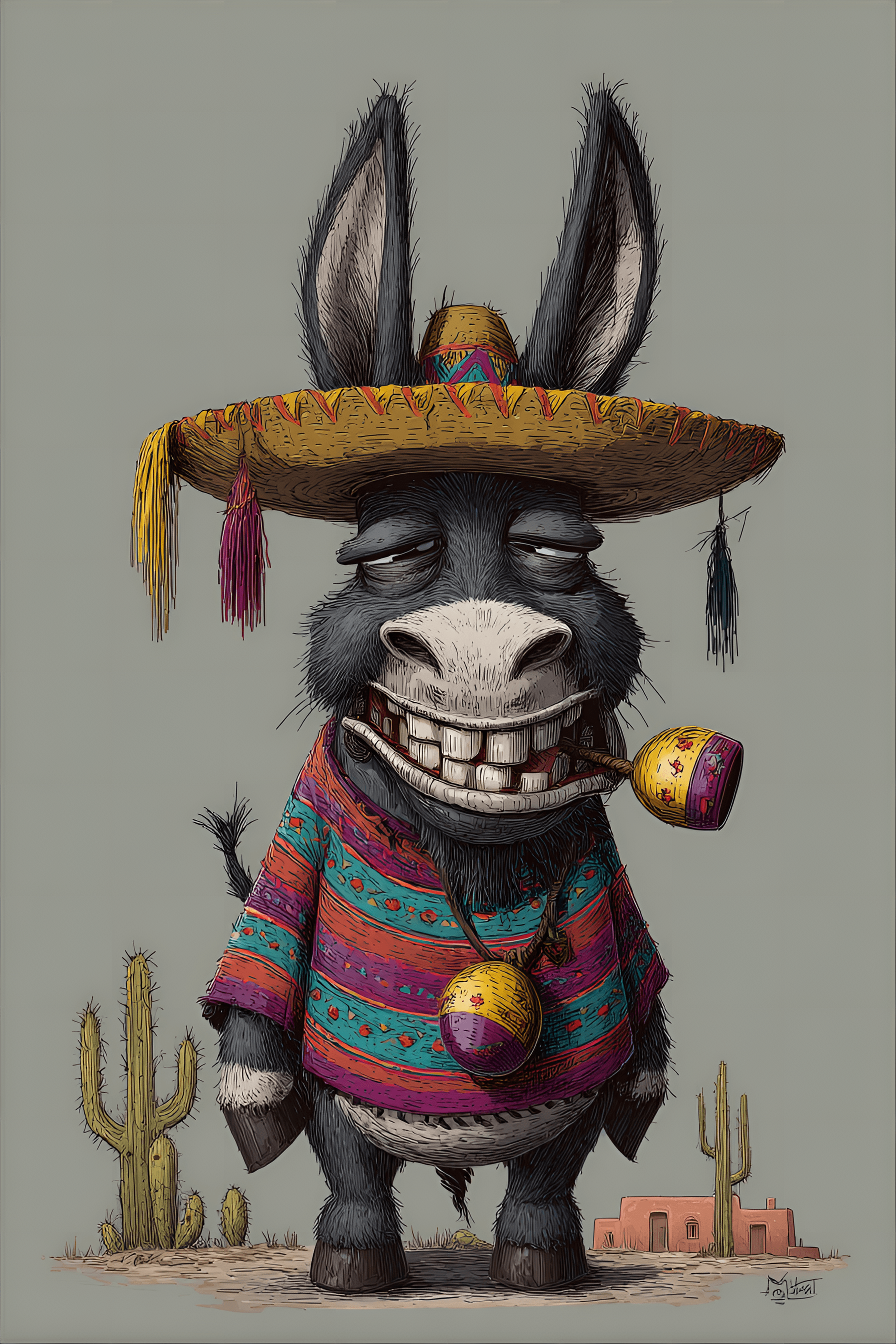 AI generated: funny caricature, goofy donkey character, mexican ethnicity, 7 years old, lazy, friendly, stubborn, ...