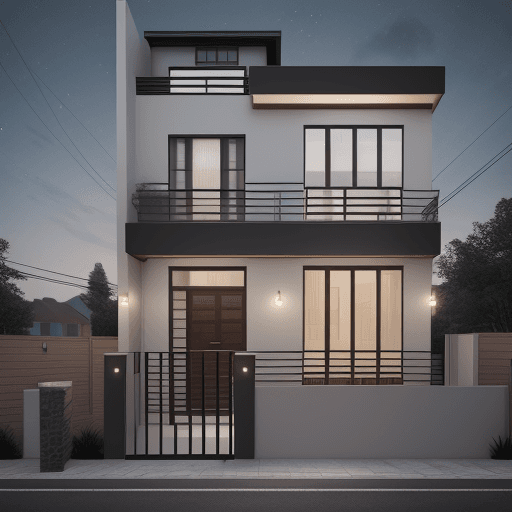 AI generated: 3 story residential house front exterior design, 24x40 size row house, modern look, use night lights...
