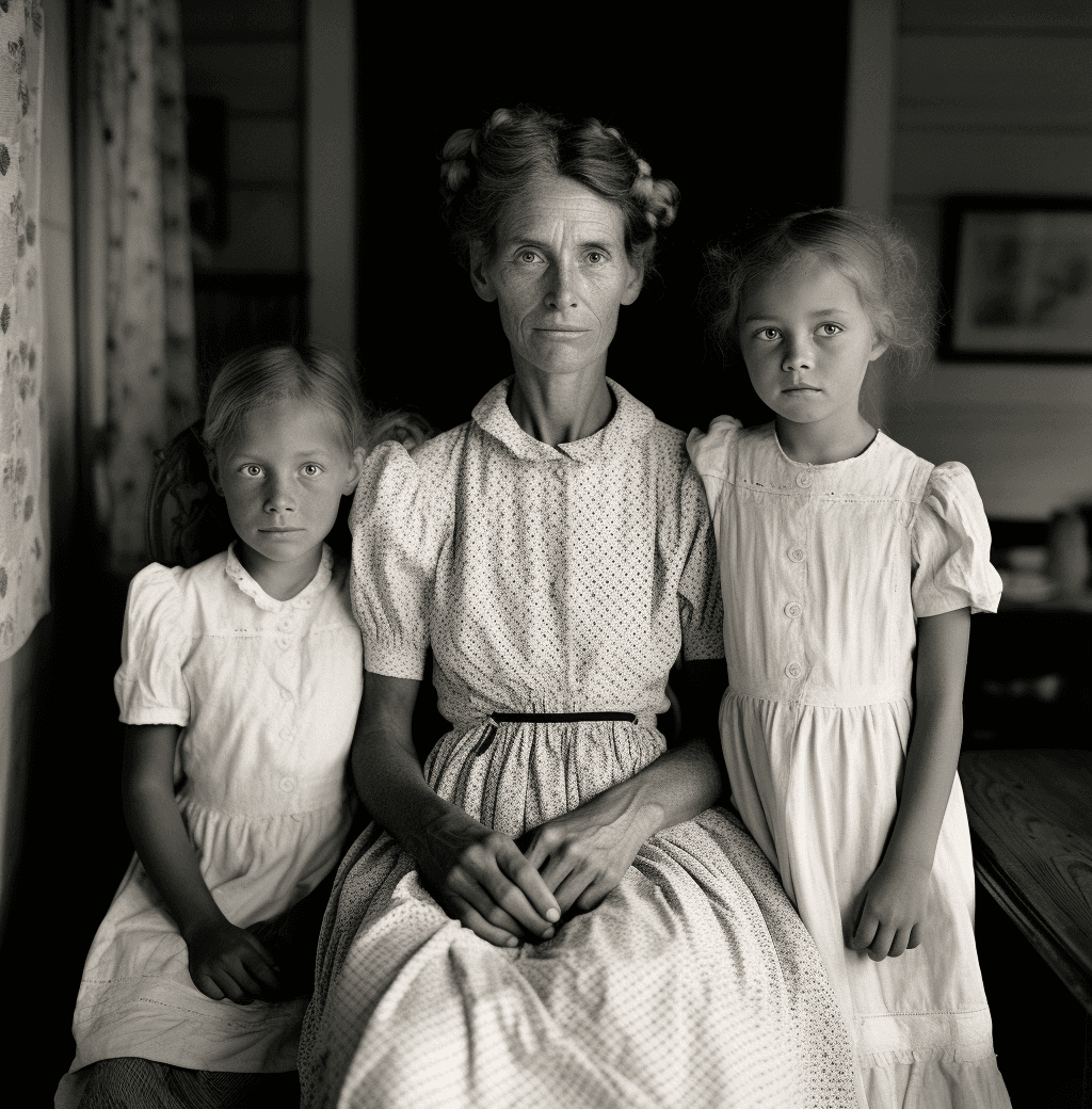 AI generated: A black and white photograph of an old woman sitting on a couch with her two young daughters, wearin...