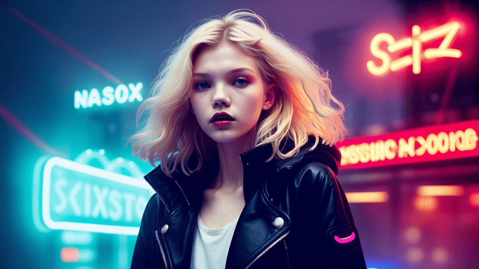 AI generated: a woman with blonde hair and a black jacket in misty fog with neon lamps bokeh behind her and a red ...