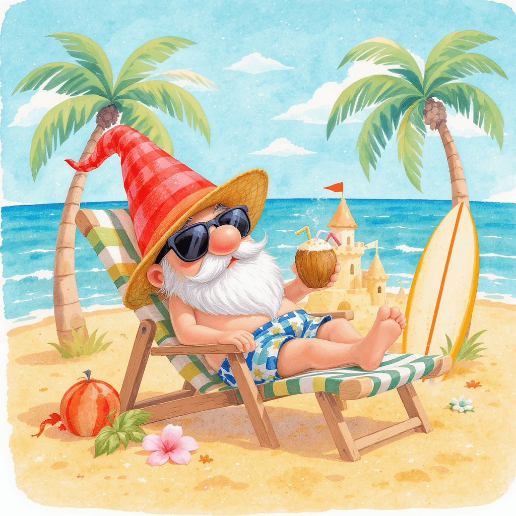 AI generated: A sun-loving garden gnome in swim trunks, sunglasses, and a floppy hat, lounging on a tiny beach cha...