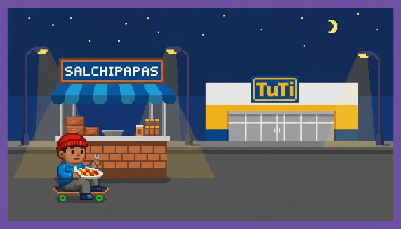 AI generated: image in 8-bit retro style where you can see a street fast food stand with a sign that says salchipa...