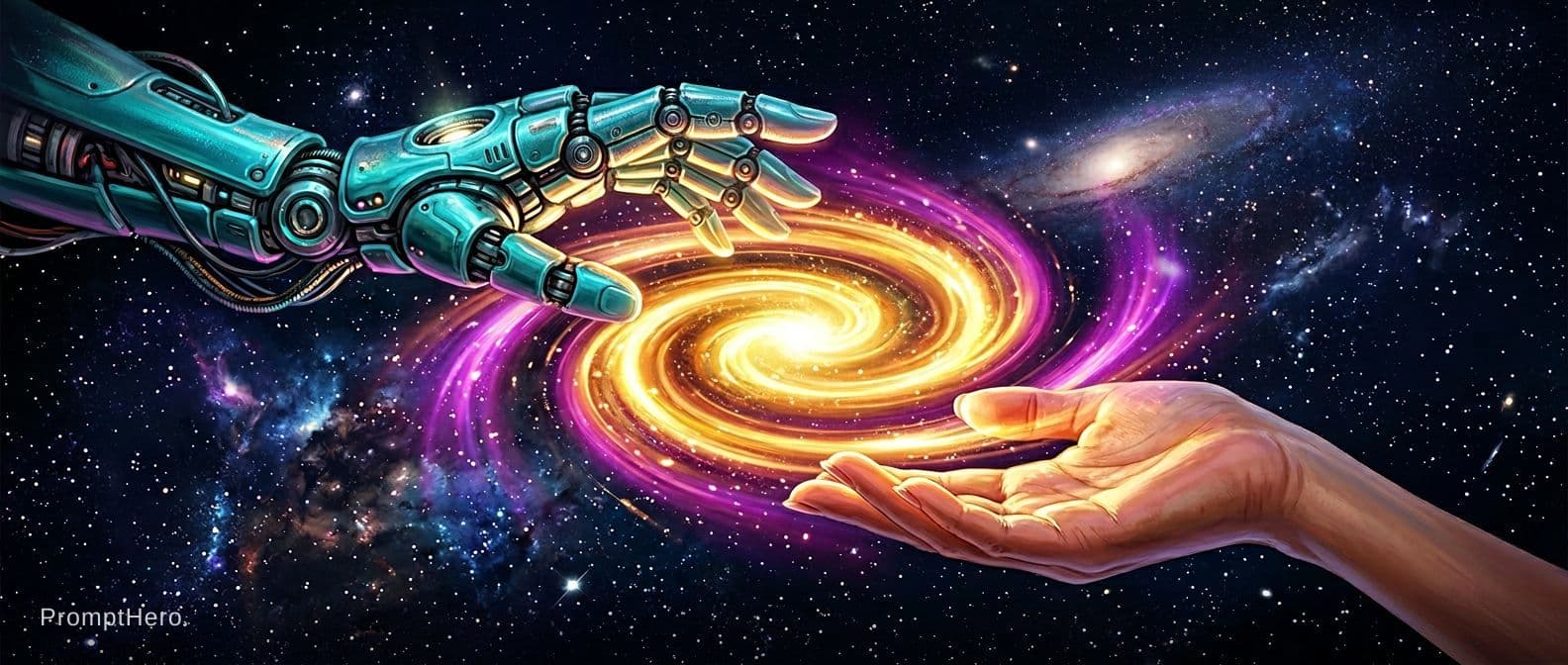 AI generated: 2 Hands. Hand 1: Robot hand, colour turquois metal, relaxed open, relaxed wrist, palm downward. Hand...