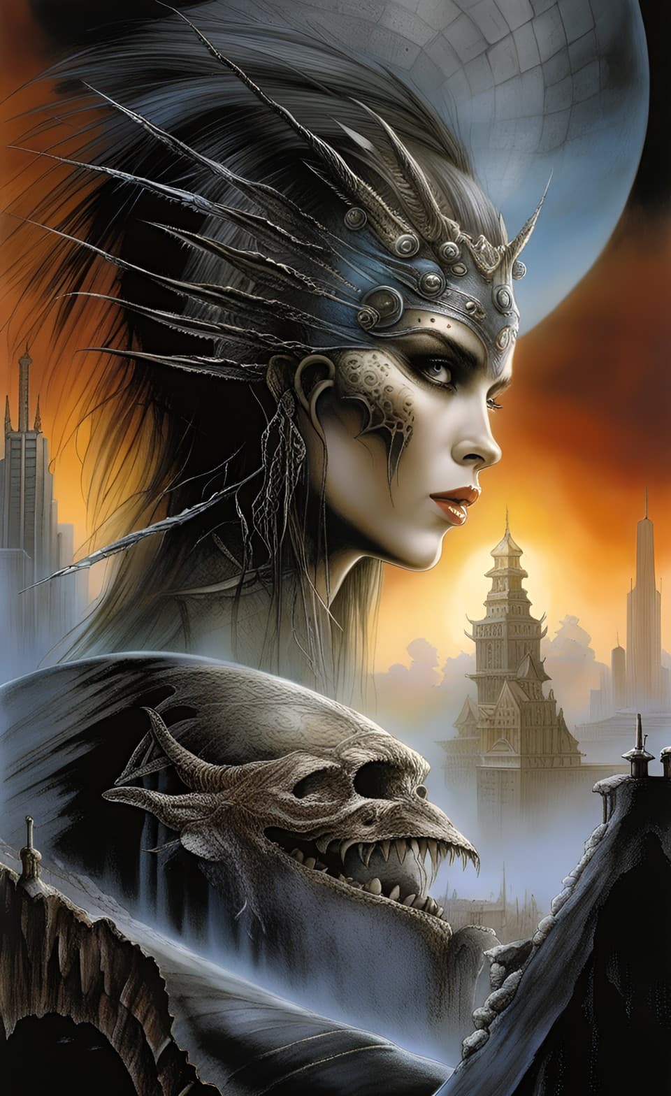 AI generated: ((a portrait)) in the (fantasy style of luis royo)), of an ancient female ethereal sorceress queen, ...