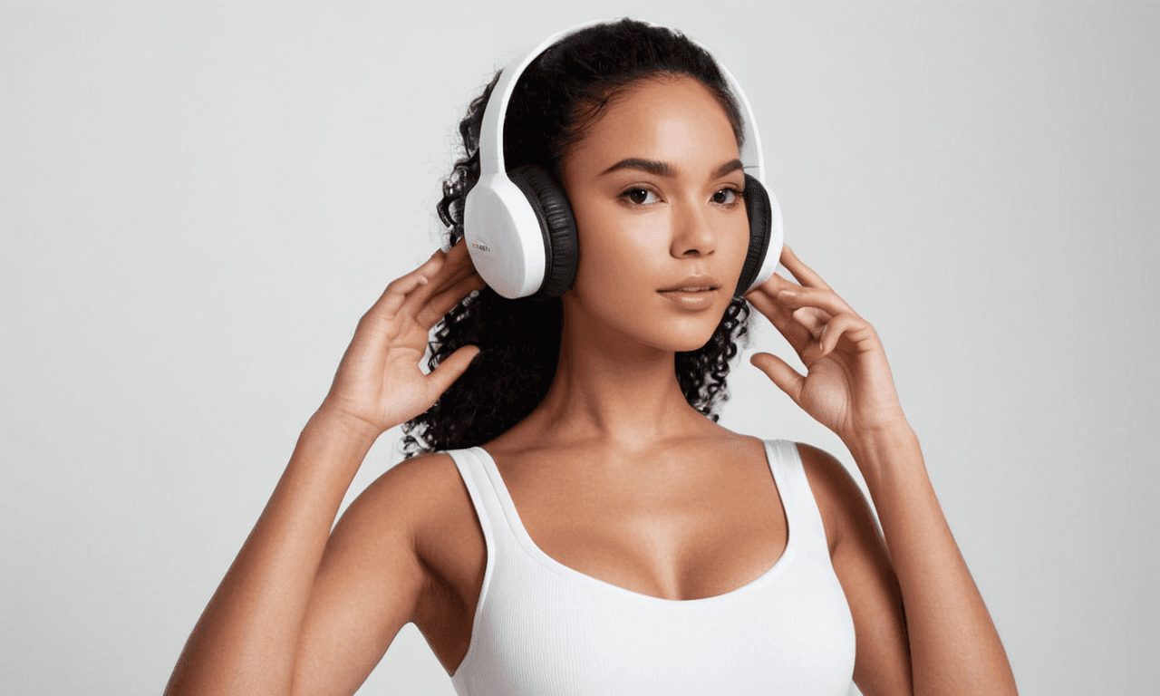 AI generated:  holding a pair of headphones in their hand, floating headsets, wearing modern headphone, headset, h...