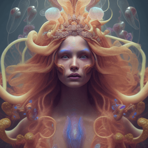 AI generated: Goddess close-up portrait ribcagel. jellyfish phoenix head, nautilus, orchid, skull, betta fish, bio...