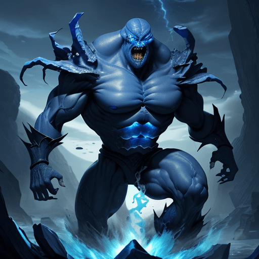 AI generated:  high quality foto of a blue dangerous enormous without eyes, long fingers and broken bones, 8k