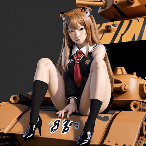AI generated: masterpiece, taiga aisaka, smug, cute face, anime, anime face, sit on the front of realistic tank, h...