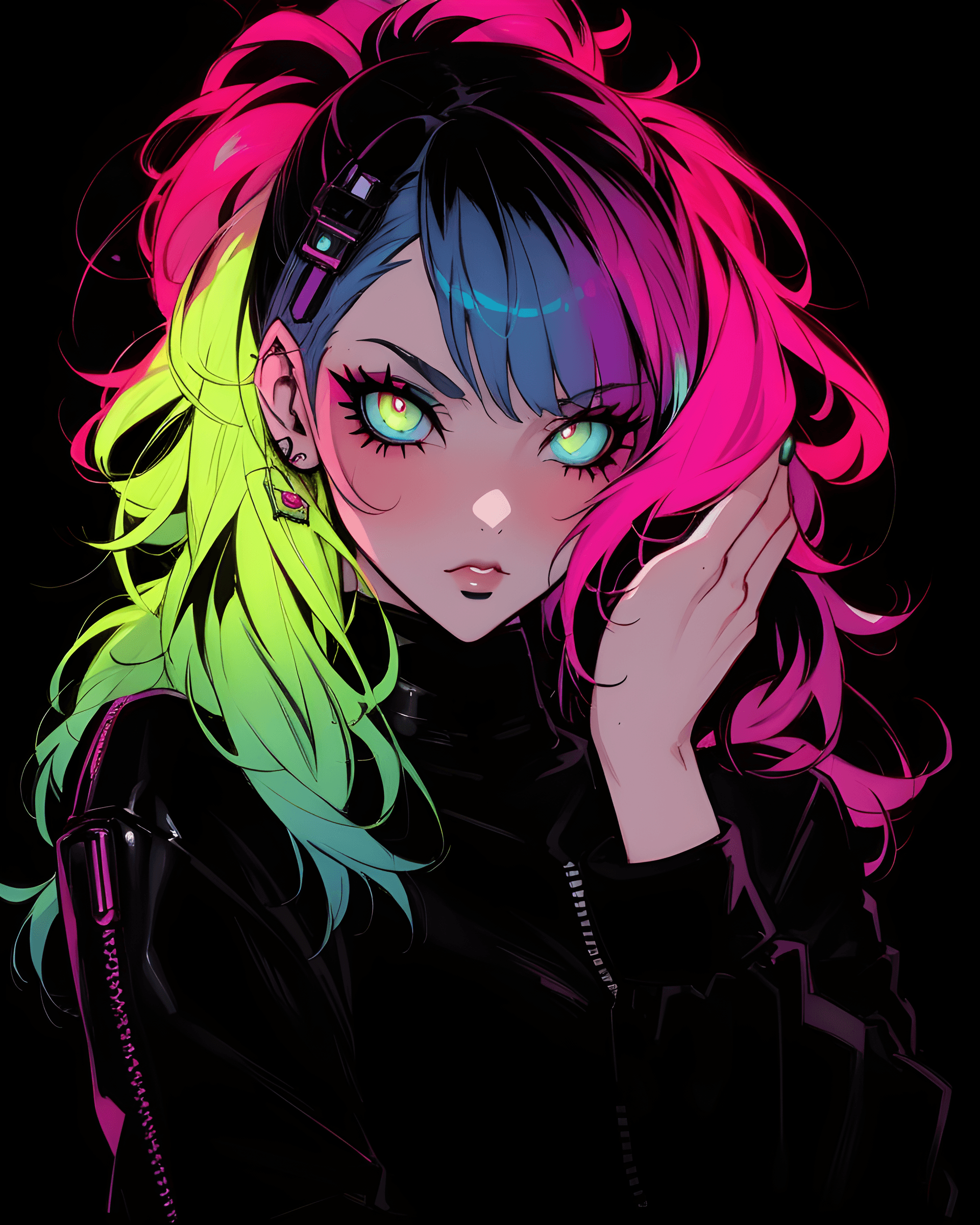 AI generated: a close up of a person with colorful hair, cyberpunk art, trending on cg society, gothic art, cute a...