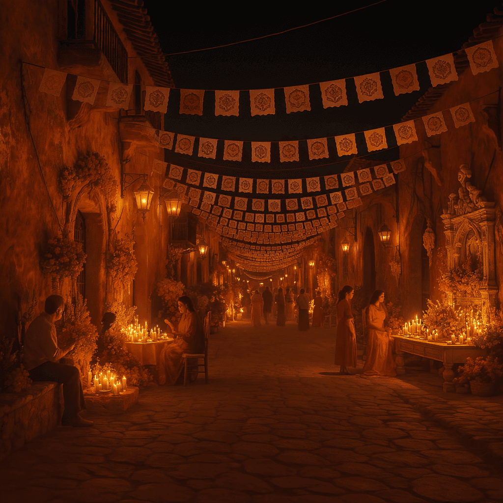 AI generated: Traditional Mexican village during Día de los Muertos — candlelit streets, papel picado banners, and...