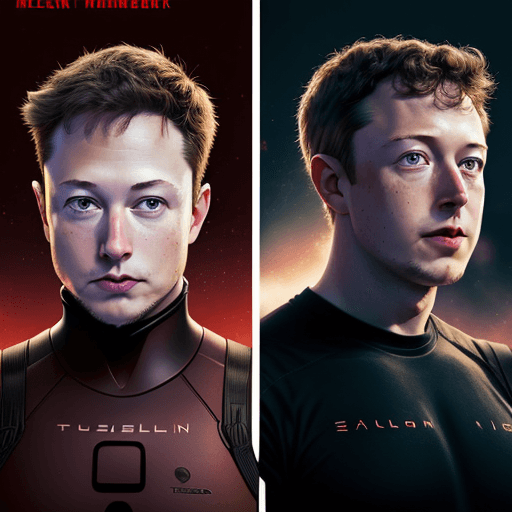 AI generated: Elon Musk Vs Mark Zuckerberg. Behind Elon Musk would be the Tesla logo and behind Mark Zuckerberg wo...